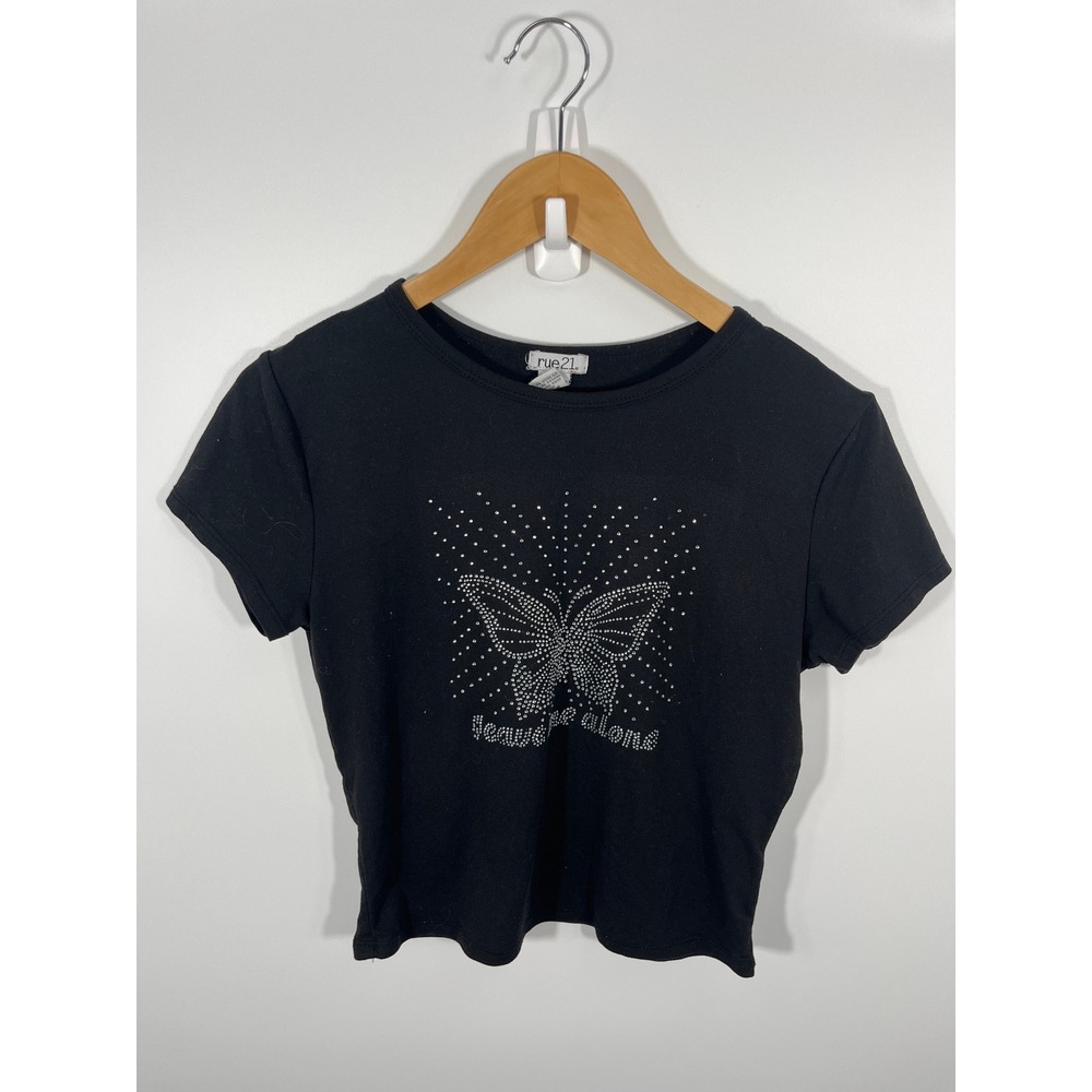 Y2K Womens Baby Tee L Black Rhinestone Sparkle Butterfly 2000s Fairycore